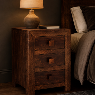 Malda Dark Mango 3 Drawer Bedside Table | Assembled