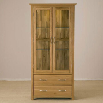 Devon Oak Glass Display Unit With Light & 2 Drawers