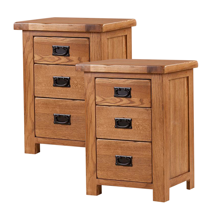 Devonshire Rustic Oak Set Of 2 Tall Bedside Table With 3 Drawers