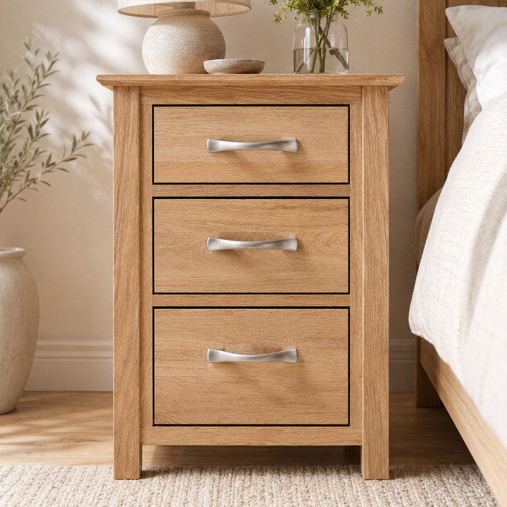 Devon Oak 3 Drawer Tall Bedside Cabinet | Assembled