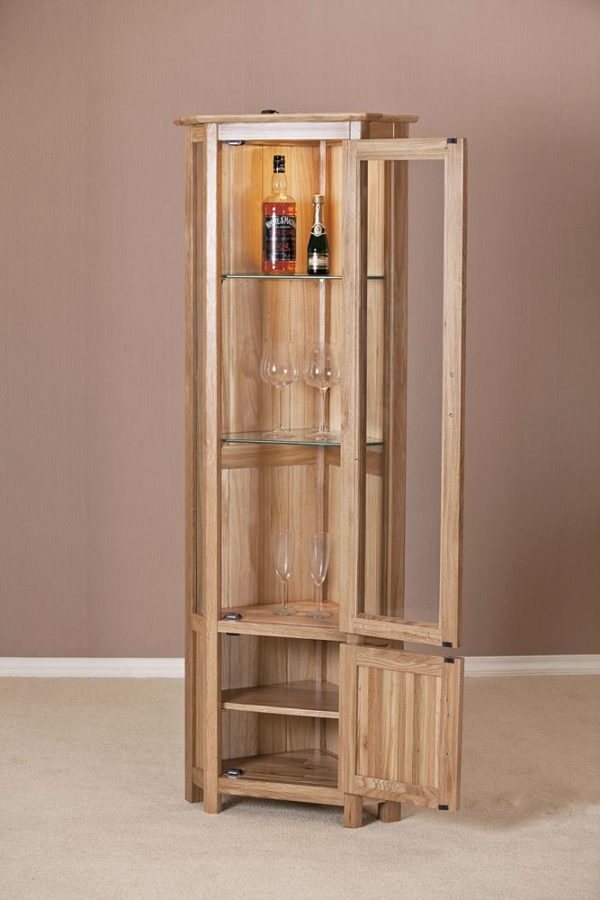 Devon Oak Corner Glass Display Cabinet With Light