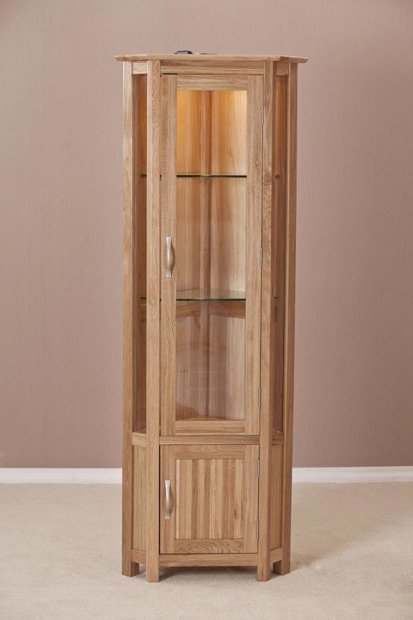 Devon Oak Corner Glass Display Cabinet With Light