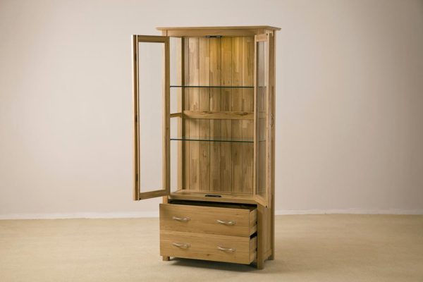 Devon Oak Glass Display Unit With Light & 2 Drawers