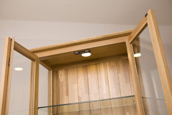 Devon Oak Glass Display Unit With Light & 2 Drawers