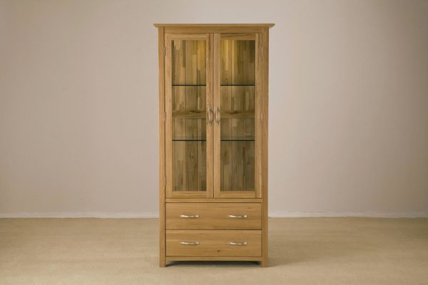 Devon Oak Glass Display Unit With Light & 2 Drawers
