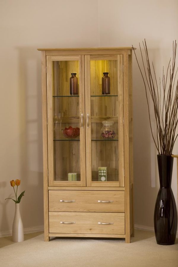 Devon Oak Glass Display Unit With Light & 2 Drawers