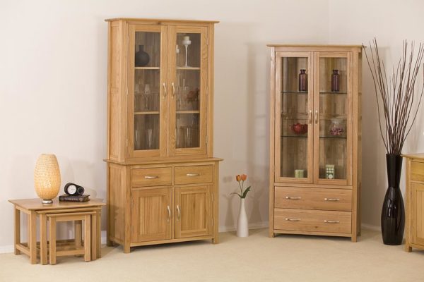 Devon Oak Glass Display Unit With Light & 2 Drawers