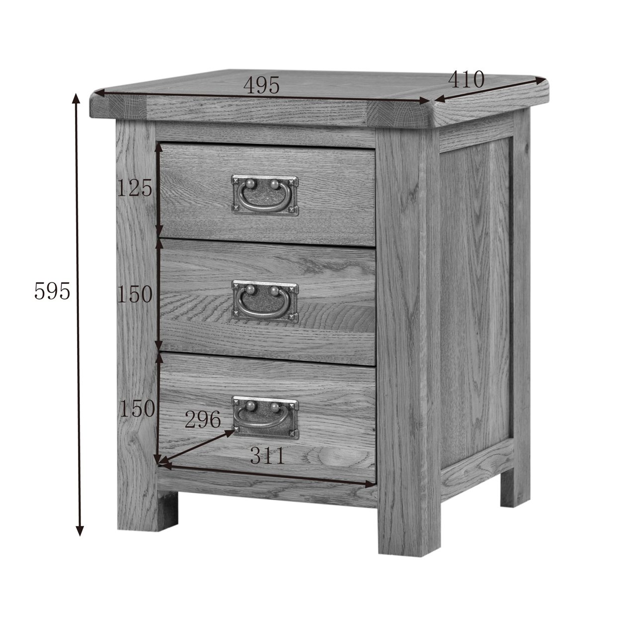 Nottingham Rustic Oak 3 Drawer Bedside Cabinet | Assembled