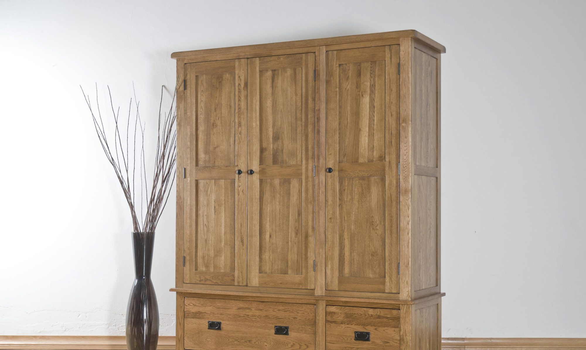 Ambleside Rustic Oak Triple Wardrobes with 2 Drawers Oak World