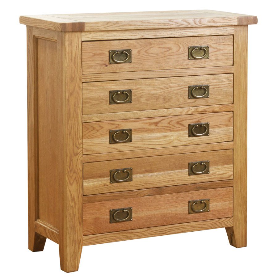 Vancouver Petite Rustic Oak Wide 5 Drawer Chest Wax Finish