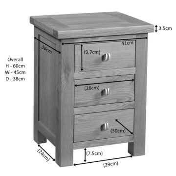 Wynyard Oak 3 Drawer Bedside Table | Assembled
