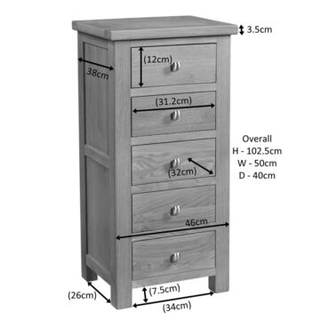 Wynyard Oak 5 Drawer Tall Chest | Assembled