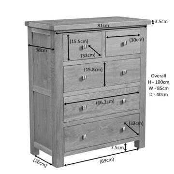 Wynyard Oak 2 Over 3 Chest of Drawers | Assembled