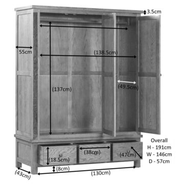 Wynyard Rustic Triple Wardrobe With 3 Drawers