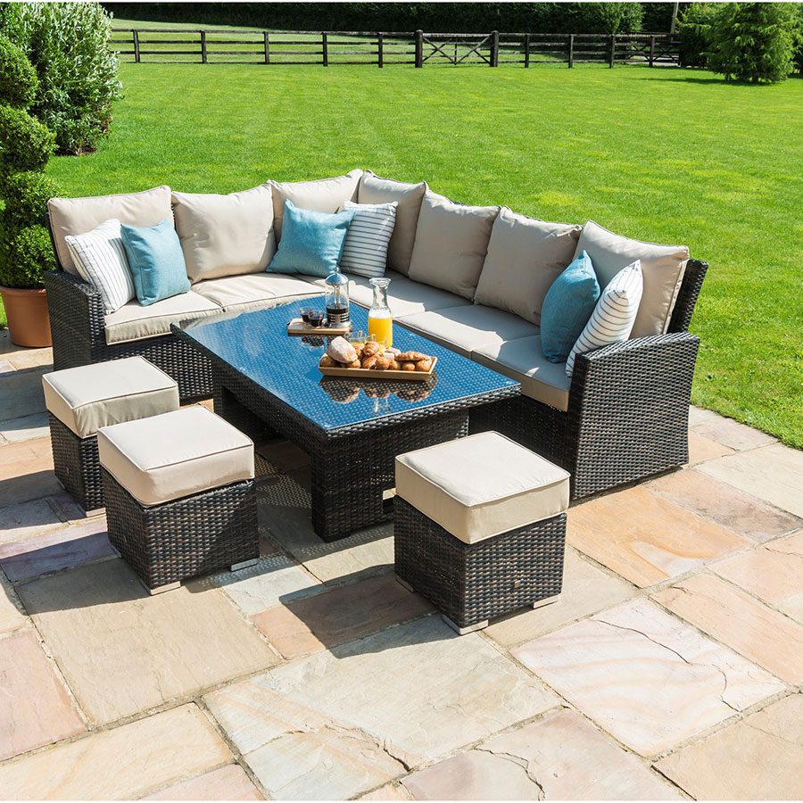 Maze Rattan Kingston Corner Sofa Dining Set With Rising Table Brown Flat Weave