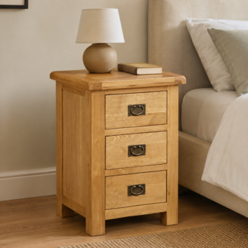 Salisbury Rustic Oak 3 Drawer Wide Bedside Cabinet | Wax Finish | Assembled