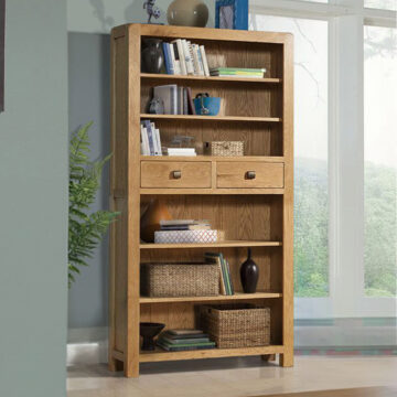 Haven Waxed Oak Tall Bookcase With 2 Drawer | Assembled