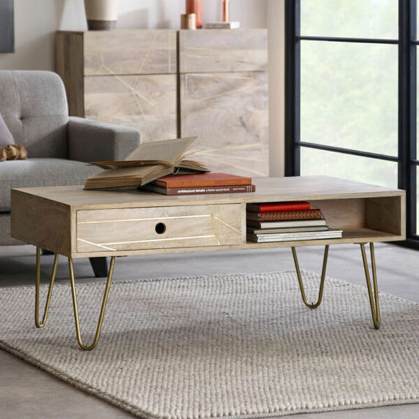 Light Gold Rectangular Coffee Table with Drawer
