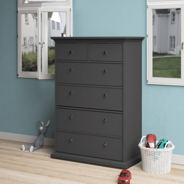 Condo Chest of 6 Drawers | Matt Grey | Dark Chrome Handles | Self Assembly