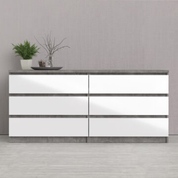 Moderno Wide Chest of 6 Drawers | Concrete and White High Gloss | Clearance