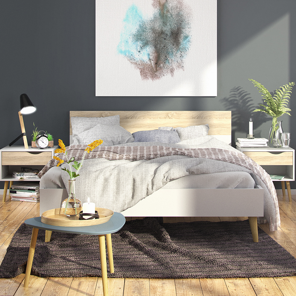 Oslo Euro Double Bed White and Oak Flat Pack Furniture
