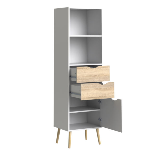 Oslo Bookcase With 2 Drawers 1 Door | White and Oak | Self Assembly