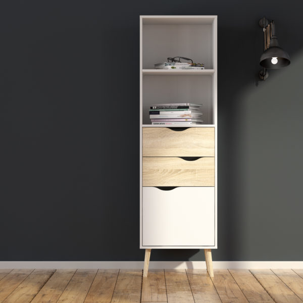 Oslo Bookcase With 2 Drawers 1 Door | White and Oak | Self Assembly