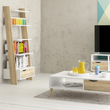 Oslo White Leaning 1 Drawer Bookcase | Oak Finish