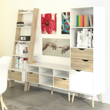 Oslo White Leaning 1 Drawer Bookcase | Oak Finish