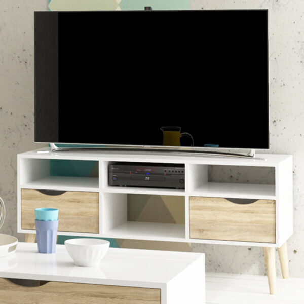 Oslo Wide TV Unit with 2 Drawers 4 Shelves | White and Oak | Self Assembly