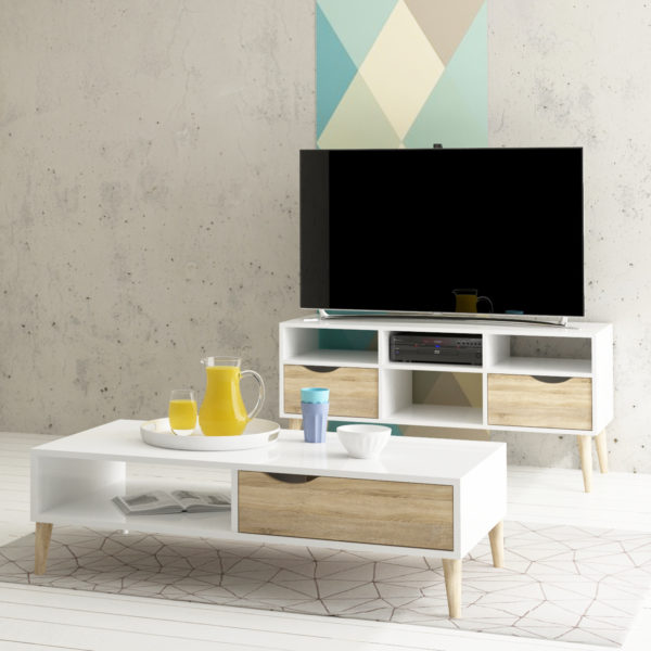 Oslo Wide TV Unit with 2 Drawers 4 Shelves | White and Oak | Self Assembly
