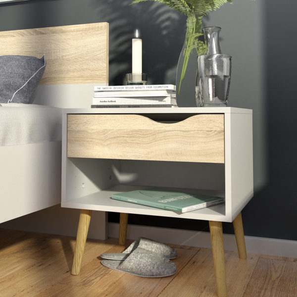 Oslo 1 Drawer Bedside Table | White and Oak | Self Assembly