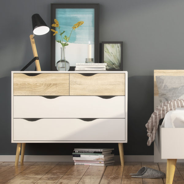Oslo Chest of 4 Drawers (2+2) | White and Oak | Self Assembly