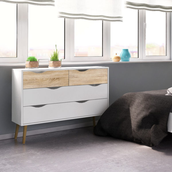 Oslo Chest of 4 Drawers (2+2) | White and Oak | Self Assembly