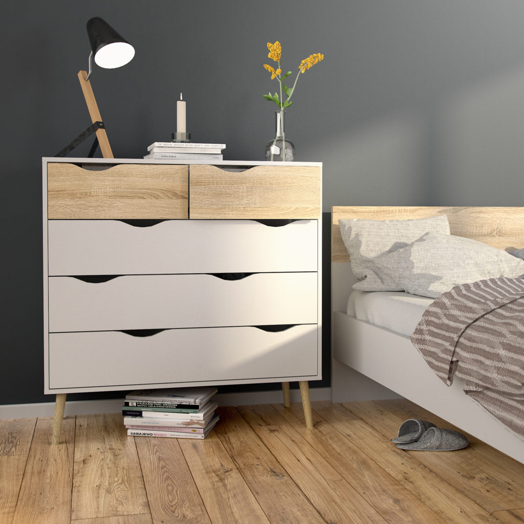 Oslo Chest of 5 Drawers (2+3) White and Oak Flat Pack Furniture