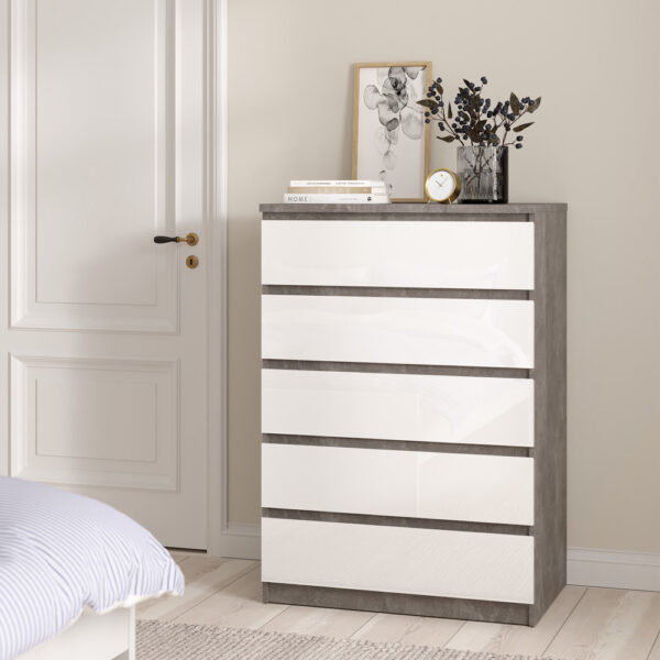 Moderno Chest of 5 Drawers | Concrete and White High Gloss | Self Assembly