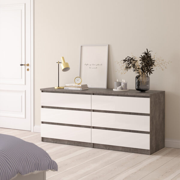 Moderno Wide Chest of 6 Drawers | Concrete and White High Gloss | Self Assembly