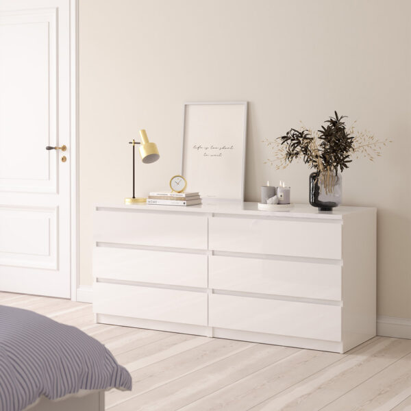 Moderno Wide Chest of 6 Drawers (3+3) | White High Gloss | Self Assembly