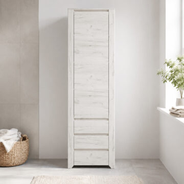 Fiji White Oak Tall Narrow One Door 3 Drawer Narrow Cupboard