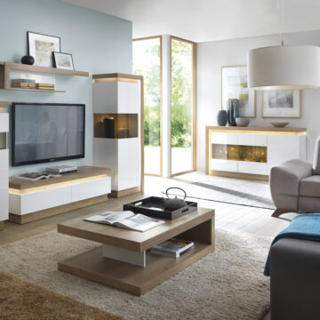 Rydal White 3 Door Glazed Sideboard | Riviera Oak Finish (Including LED Lighting)