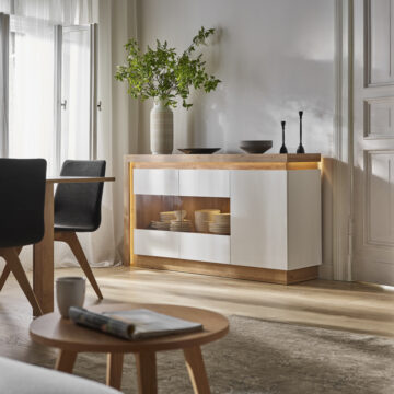 Rydal White 3 Door Glazed Sideboard | Riviera Oak Finish (Including LED Lighting)
