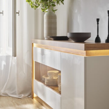 Rydal White 3 Door Glazed Sideboard | Riviera Oak Finish (Including LED Lighting)