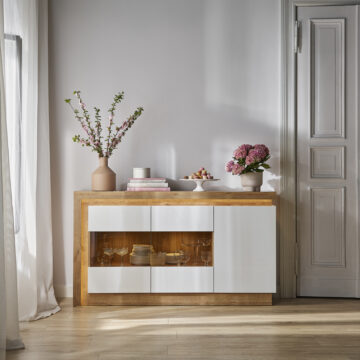 Rydal White 3 Door Glazed Sideboard | Riviera Oak Finish (Including LED Lighting)