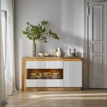 Rydal White 3 Door Glazed Sideboard | Riviera Oak Finish (Including LED Lighting)