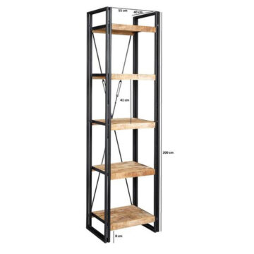 Memphis Industrial Style Slim Open Bookcase | Black Steel & Mango