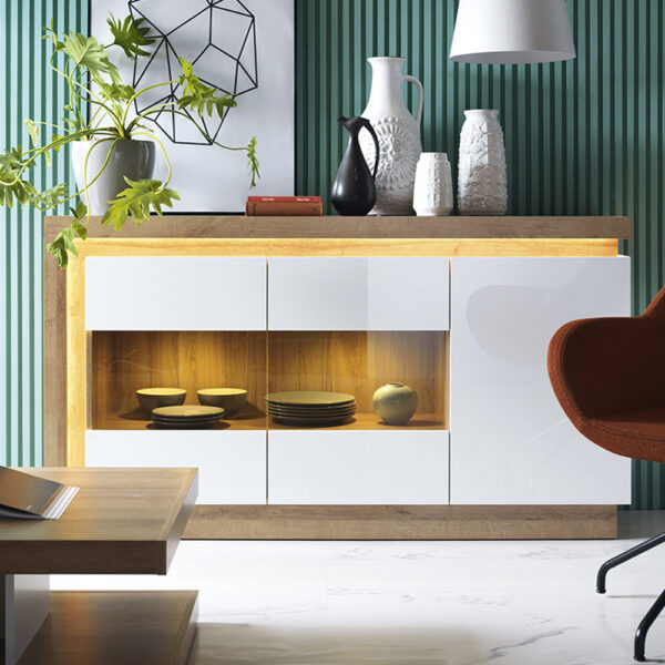Rydal White 3 Door Glazed Sideboard (Including LED Lighting) | Self Assembly