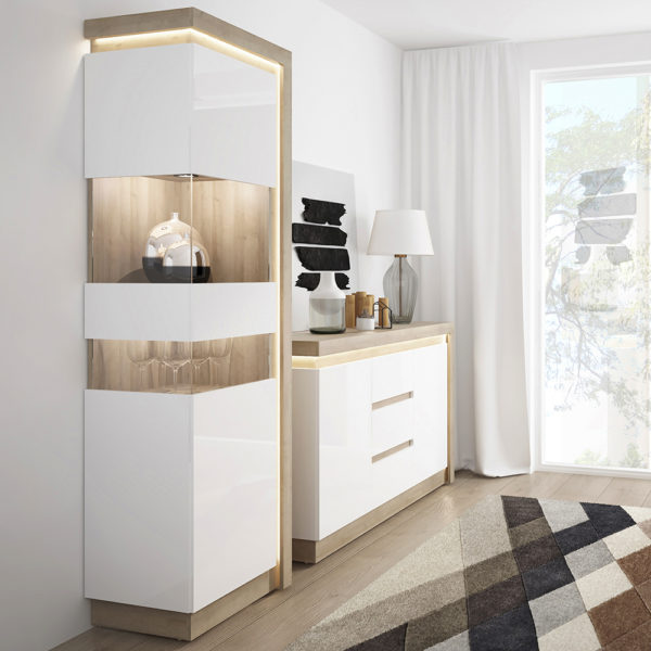 Rydal White Tall Narrow Left Hand Display Cabinet (Including LED Lighting) | Self Assembly