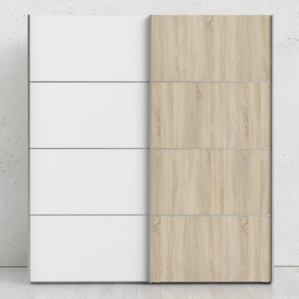 Venice Wardrobe Collection Sliding Wardrobe 180cm in White with White and Oak doors with 2 Shelves
