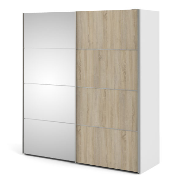 Venice Wardrobe Collection Sliding Wardrobe 180cm in White with Oak and Mirror Doors with 2 Shelves