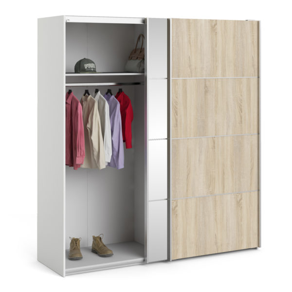 Venice Wardrobe Collection Sliding Wardrobe 180cm in White with Oak and Mirror Doors with 2 Shelves